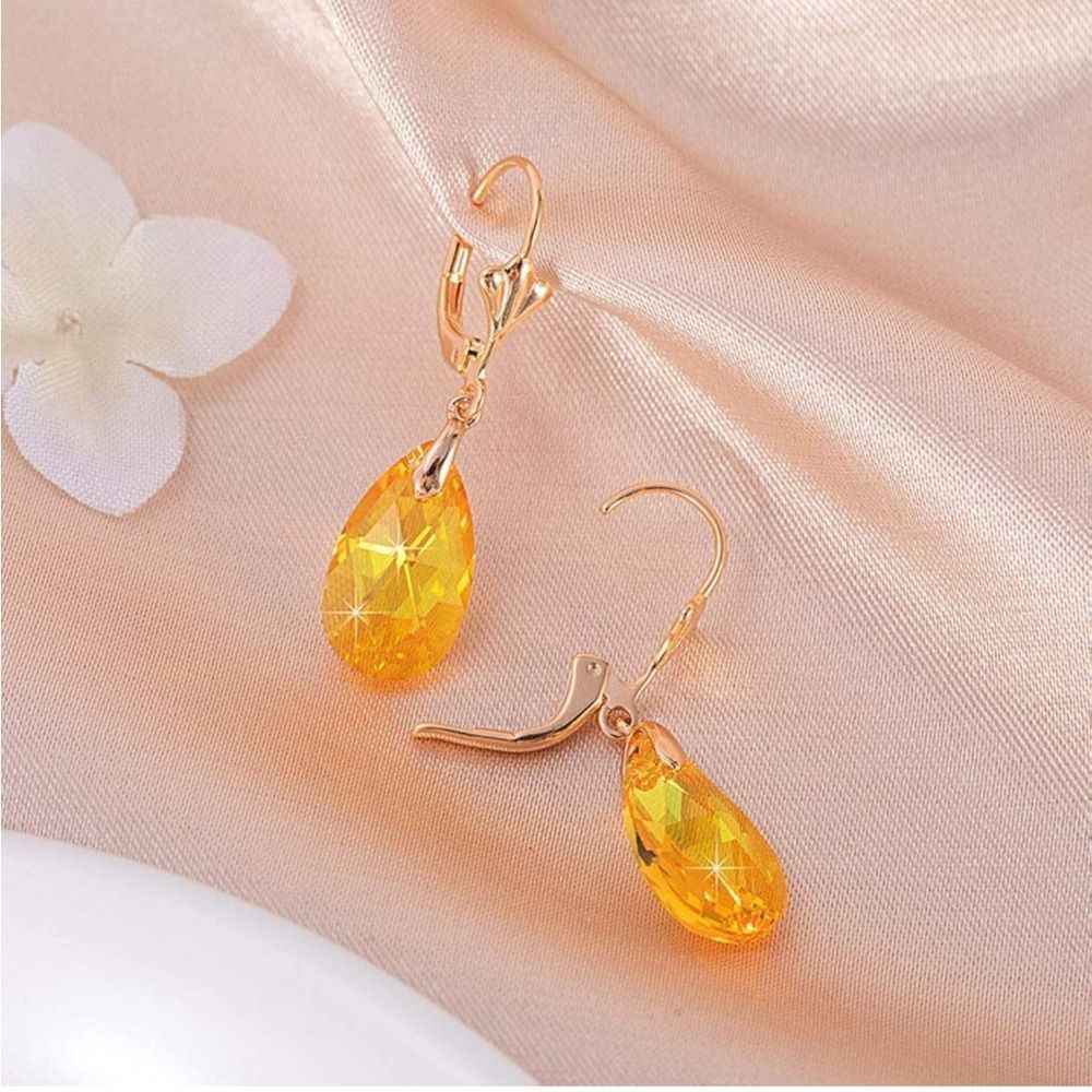 14K Yellow Gold with Yellow Citrine Austrian Crystal Teardrop Leverback Earrings - Picture 3 of 7